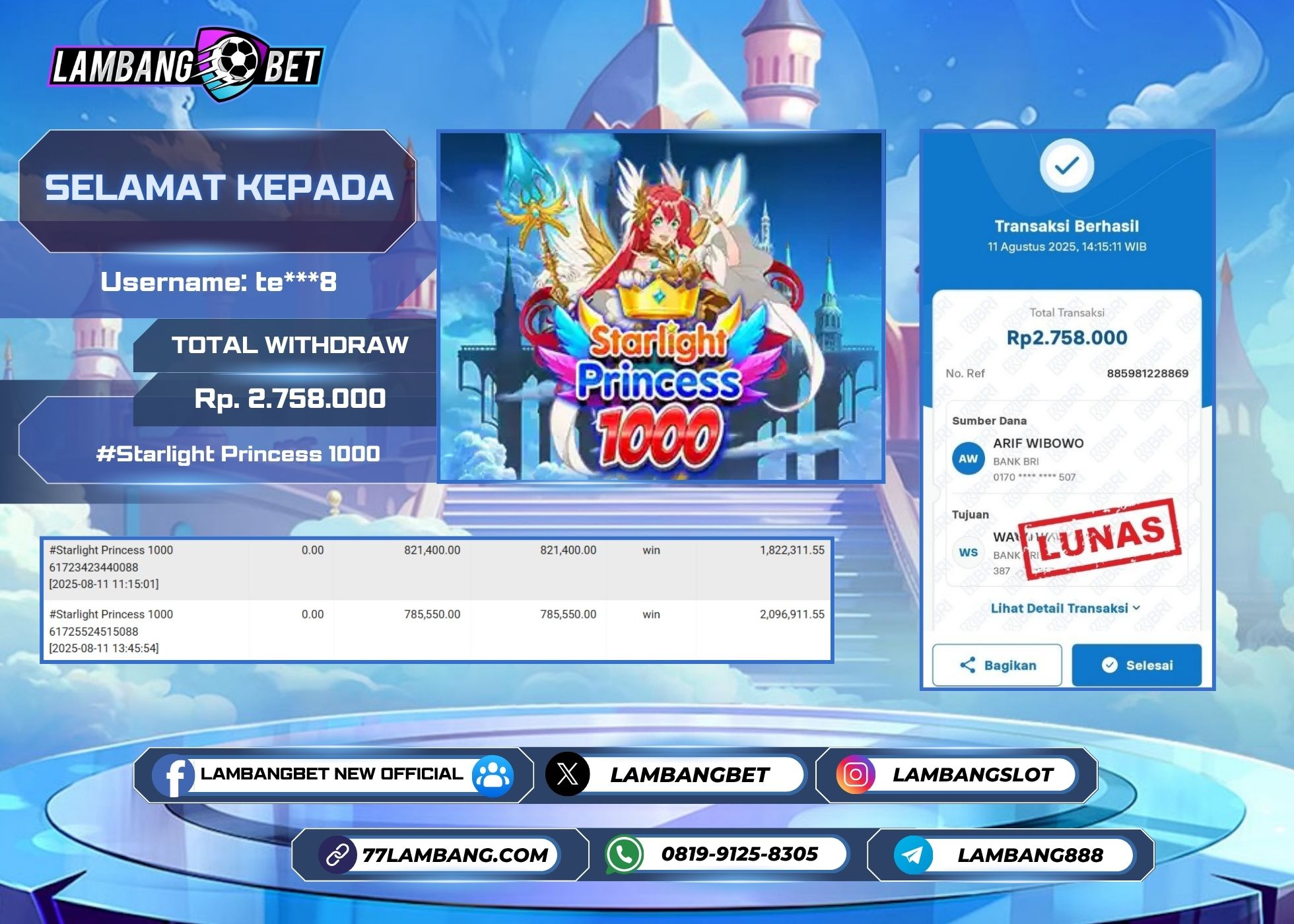LAMBANGBET [11 AUGUST 2025] JACKPOT SLOT Starlight Princess 1000 "Rp2.758.000" LUNAS